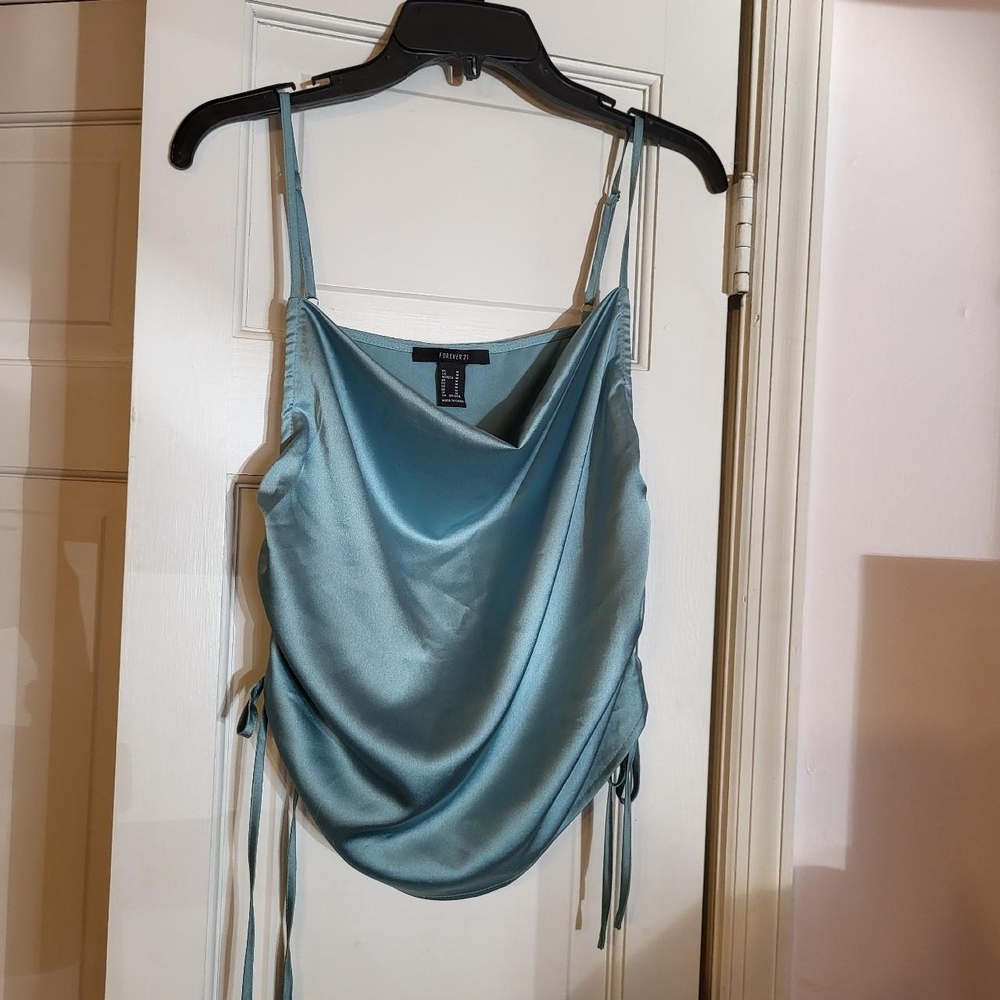 Forever 21 Teal Satin Cowl Neck Crop Top